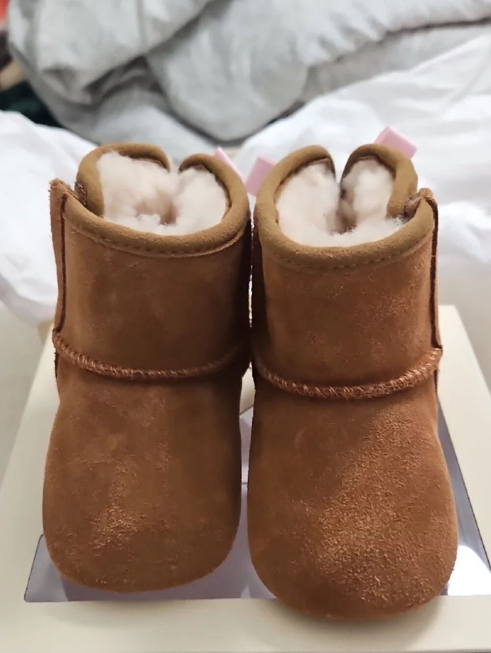 UGG Chestnut Suede Baby Booties with Pink Bows